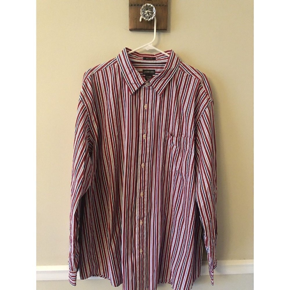 NWT St Johns Bay Mens 2XL Long Sleeve Shirt Red Stripe Button Front 2-Ply Poplin